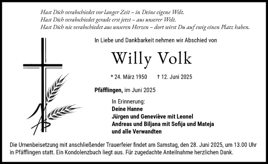 Traueranzeige von Willy Volk von Rieser Nachrichten