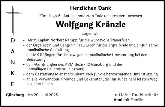 Traueranzeige von Wolfgang Kränzle von Günzburger Zeitung