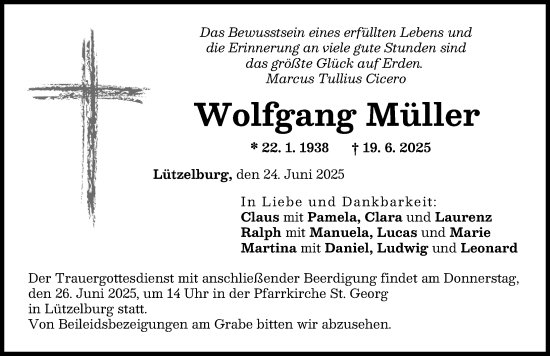 Traueranzeige von Wolfgang Müller von Augsburg-Land