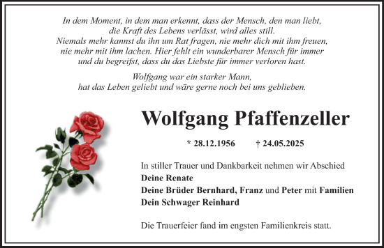 Traueranzeige von Wolfgang Pfaffenzeller von Mittelschwäbische Nachrichten