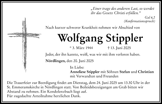 Traueranzeige von Wolfgang Stippler von Rieser Nachrichten