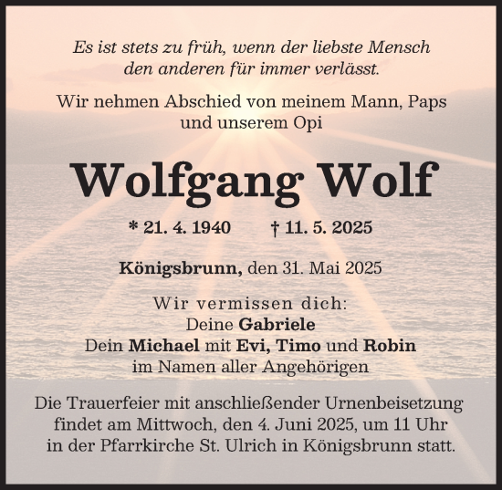 Traueranzeige von Wolfgang Wolf von Schwabmünchner Allgemeine
