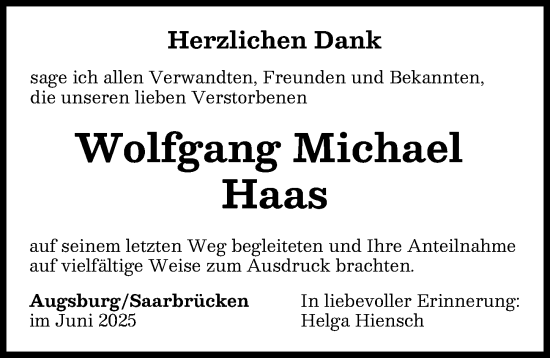 Traueranzeige von Wolfgang Michael Haas von Augsburger Allgemeine