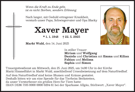 Traueranzeige von Xaver Mayer von Mindelheimer Zeitung