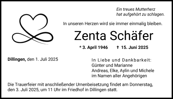 Traueranzeige von Zenta Schäfer von Donau Zeitung