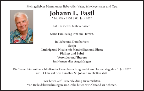 Traueranzeige von Johann Fastl von Ammersee Kurier