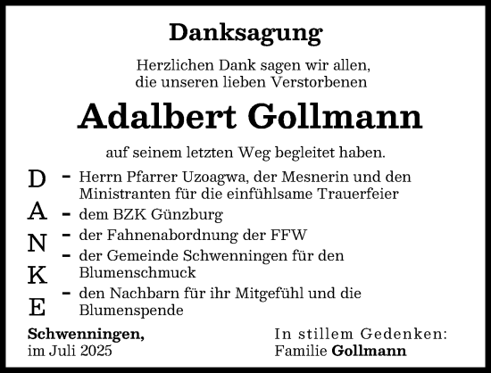 Traueranzeige von Adalbert Gollmann von Donau Zeitung