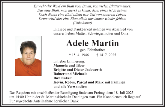 Traueranzeige von Adele Martin von Rieser Nachrichten
