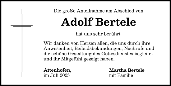 Traueranzeige von Adolf Bertele von Neu-Ulmer Zeitung
