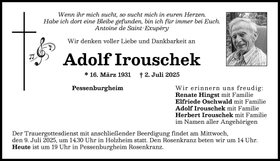 Traueranzeige von Adolf Irouschek von Donauwörther Zeitung