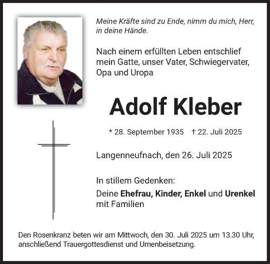 Traueranzeige von Adolf Kleber von Schwabmünchner Allgemeine