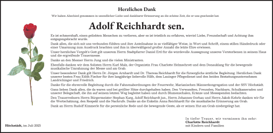 Traueranzeige von Adolf Reichhardt von Donau Zeitung