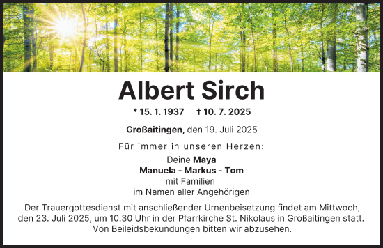 Traueranzeige von Albert Sirch von Schwabmünchner Allgemeine