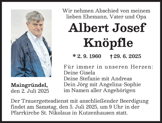 Traueranzeige von Albert Josef Knöpfle von Augsburg-Land