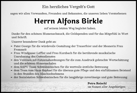 Traueranzeige von Alfons Birkle von Schwabmünchner Allgemeine