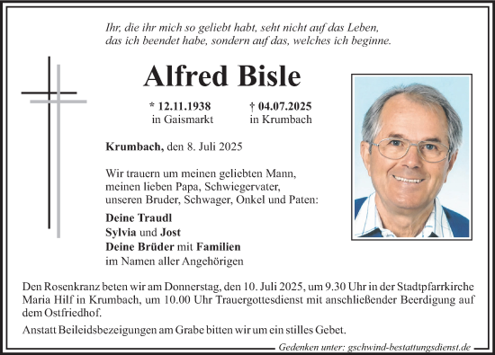 Traueranzeige von Alfred Bisle von Mittelschwäbische Nachrichten