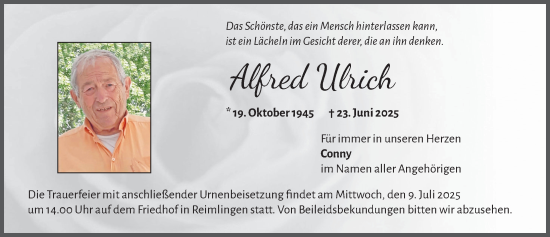 Traueranzeige von Alfred Ulrich von Rieser Nachrichten
