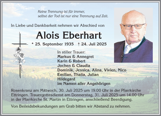 Traueranzeige von Alois Eberhart von Mindelheimer Zeitung