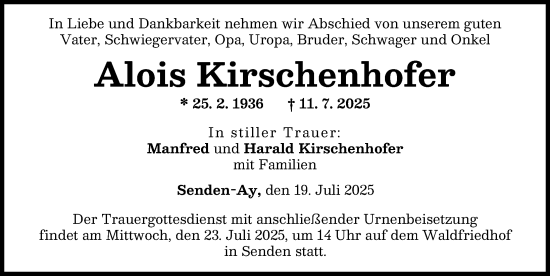 Traueranzeige von Alois Kirschenhofer von Neu-Ulmer Zeitung