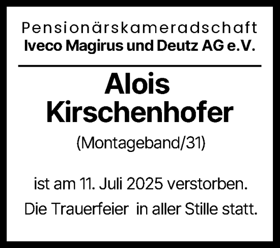 Traueranzeige von Alois Kirschenhofer von Neu-Ulmer Zeitung, Günzburger Zeitung, Illertisser Zeitung