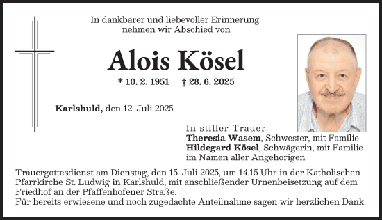 Traueranzeige von Alois Kösel von Neuburger Rundschau