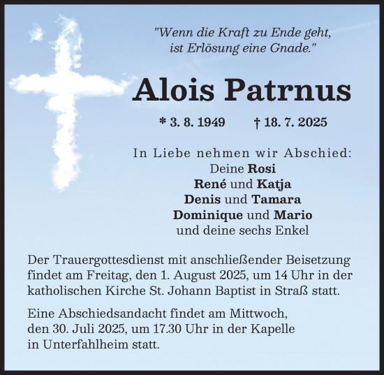 Traueranzeige von Alois Patrnus von Neu-Ulmer Zeitung