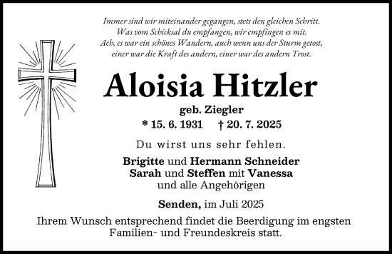 Traueranzeige von Aloisia Hitzler von Neu-Ulmer Zeitung
