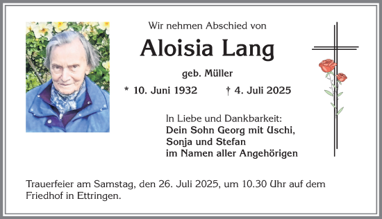 Traueranzeige von Aloisia Lang von Mindelheimer Zeitung