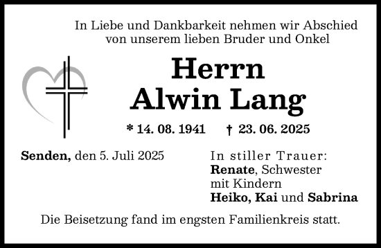Traueranzeige von Alwin Lang von Neu-Ulmer Zeitung