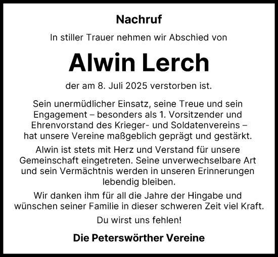 Traueranzeige von Alwin Lerch von Donau Zeitung