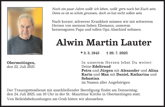 Traueranzeige von Alwin Martin Lauter von Landsberger Tagblatt, Schwabmünchner Allgemeine
