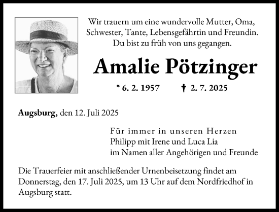 Traueranzeige von Amalie Pötzinger von Augsburger Allgemeine