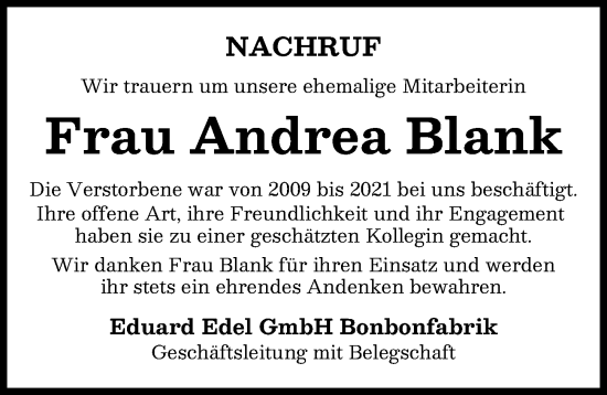 Traueranzeige von Andrea Blank von Donauwörther Zeitung
