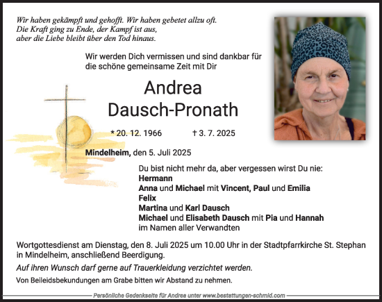 Traueranzeige von Andrea Dausch-Pronath von Mindelheimer Zeitung