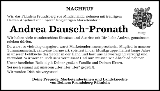 Traueranzeige von Andrea Dausch-Pronath von Mindelheimer Zeitung