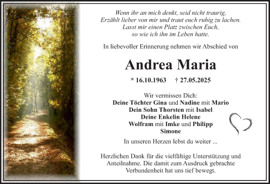 Traueranzeige von Andrea Maria von Mittelschwäbische Nachrichten