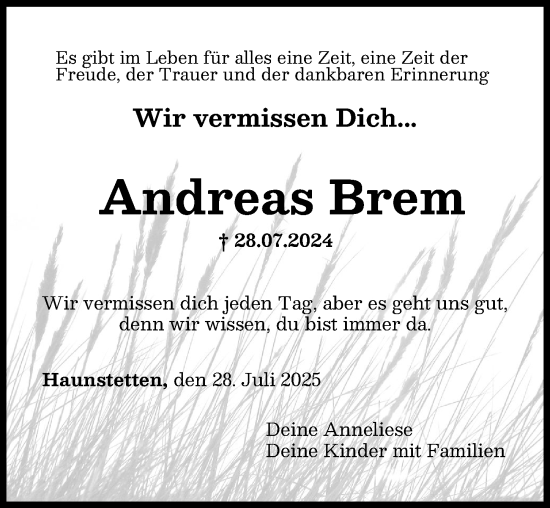 Traueranzeige von Andreas Brem von Augsburger Allgemeine