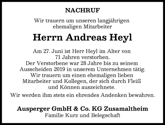 Traueranzeige von Andreas Heyl von Wertinger Zeitung