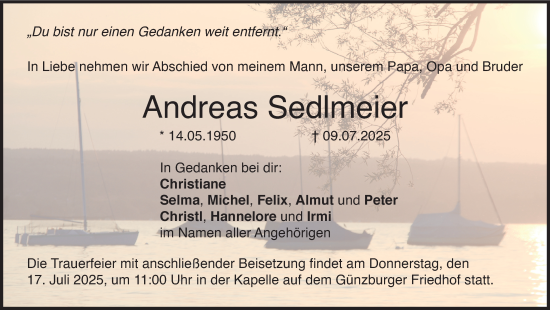Traueranzeige von Andreas Sedlmeier von Günzburger Zeitung