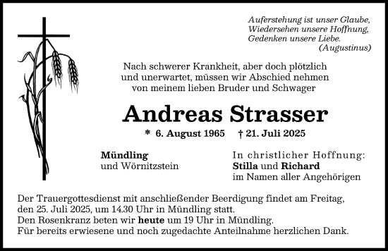 Traueranzeige von Andreas Strasser von Donauwörther Zeitung