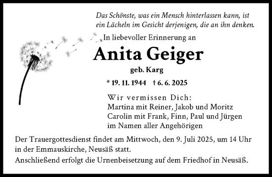 Traueranzeige von Anita Geiger von Augsburger Allgemeine