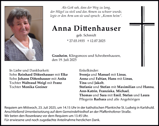 Traueranzeige von Anna Dittenhauser von Neuburger Rundschau