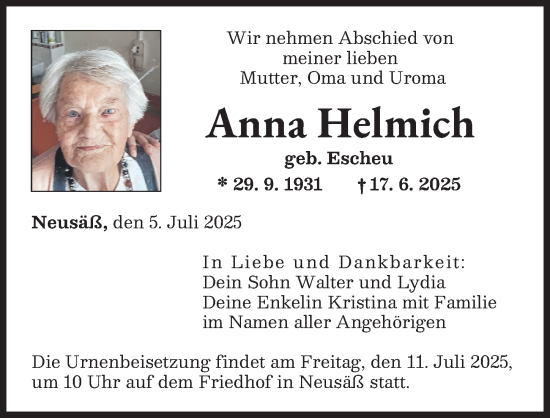 Traueranzeige von Anna Helmich von Augsburger Allgemeine