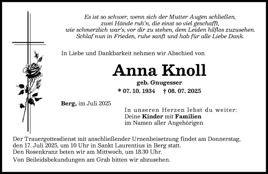 Traueranzeige von Anna Knoll von Donauwörther Zeitung