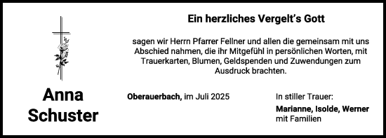 Traueranzeige von Anna Schuster von Mindelheimer Zeitung