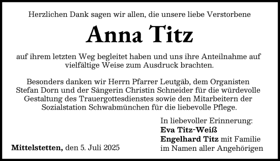 Traueranzeige von Anna Titz von Schwabmünchner Allgemeine