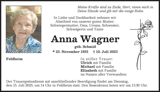 Traueranzeige von Anna Wagner von Donauwörther Zeitung