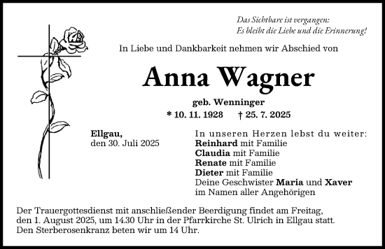 Traueranzeige von Anna Wagner von Augsburg-Land