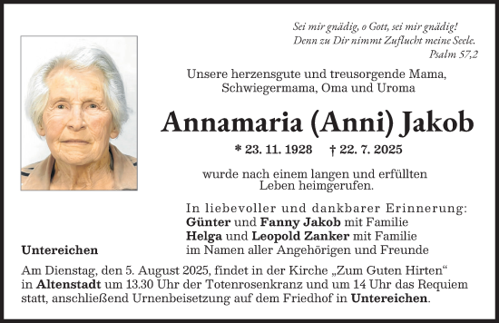Traueranzeige von Annamaria Jakob von Illertisser Zeitung