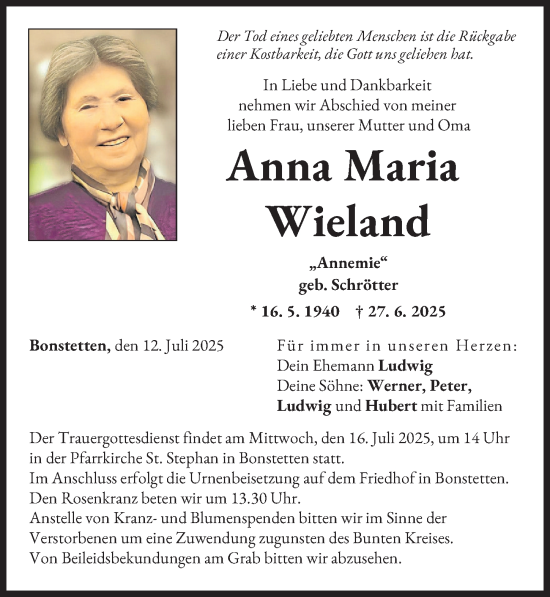 Traueranzeige von Anna Maria Wieland von Augsburg-Land